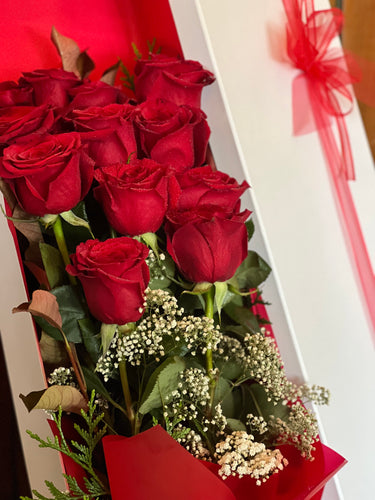 Presentation box of red roses
